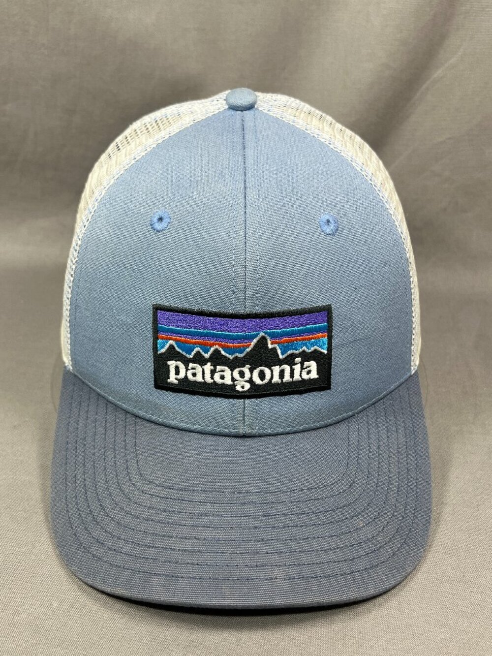Patagonia P-6 Trucker Hat Snapback Blue Gray White Mesh Worn Wear Mens Adult Cap